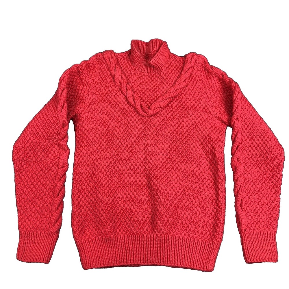 Women's Crochet Sweater Small Red Long Sleeve Mock Neck Chunky Knit